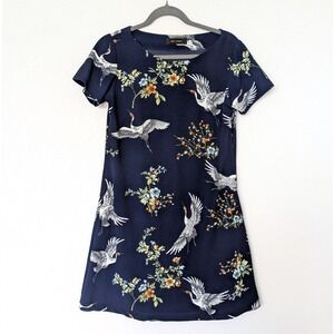 Zink London Navy Blue Crane Bird Floral Print Short Sleeve Shift Dress Mini